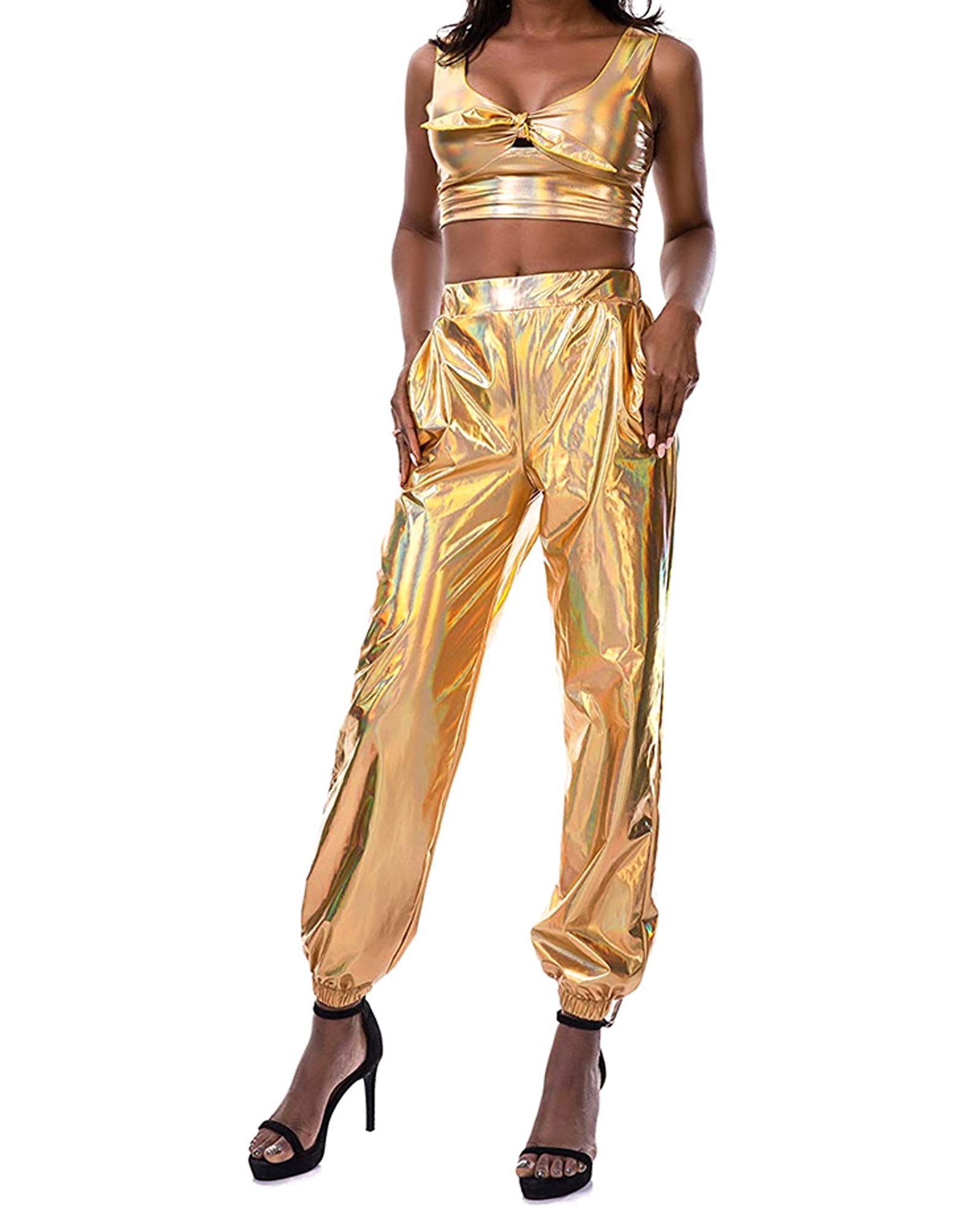 Springcmy Women's Metallic Shiny Holographic Jogger Sweatpants - Punk Hip Hop Casual Streetwear Pants for Yoga, Running, and Night Out Fashion