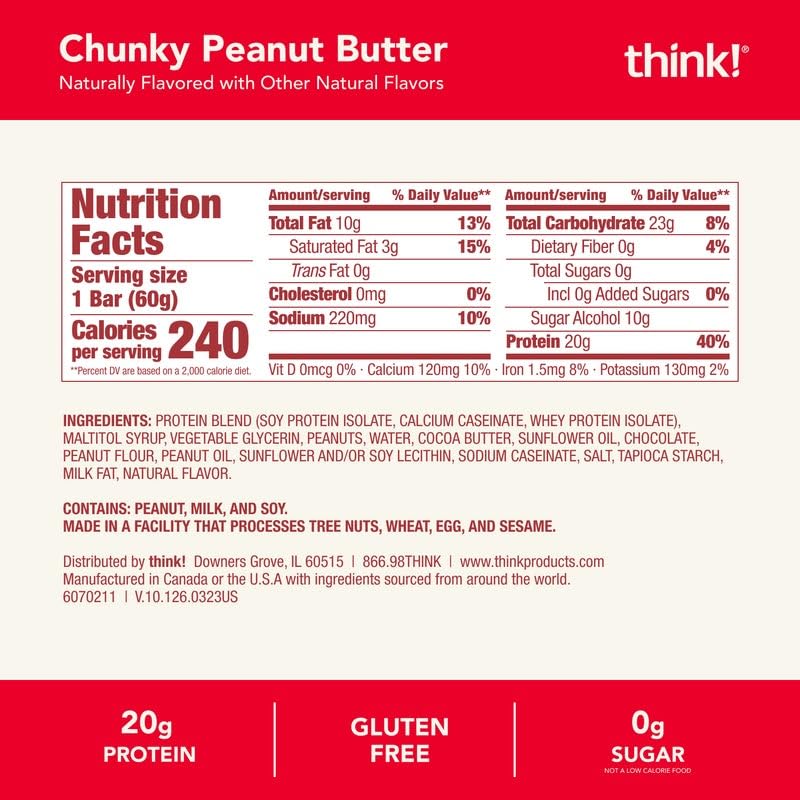 Think! Protein Bars - High Protein Snacks, Gluten Free, Kosher Friendly, Chunky Peanut Butter Flavor, 2.1 Oz per Bar (10 Count) - Perfect for Workouts, Hiking & Healthy On-the-Go Snacking