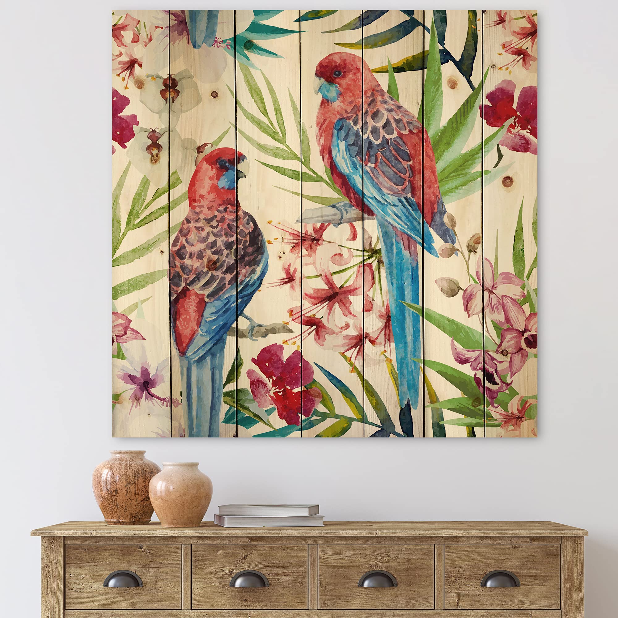Rosella Bird Traditional Wood Wall Decor - Handcrafted Red Wood Wall Art, Large Animal Wood Panels Printed on Natural Pine - Perfect for Living Room, Bedroom & Office Decor