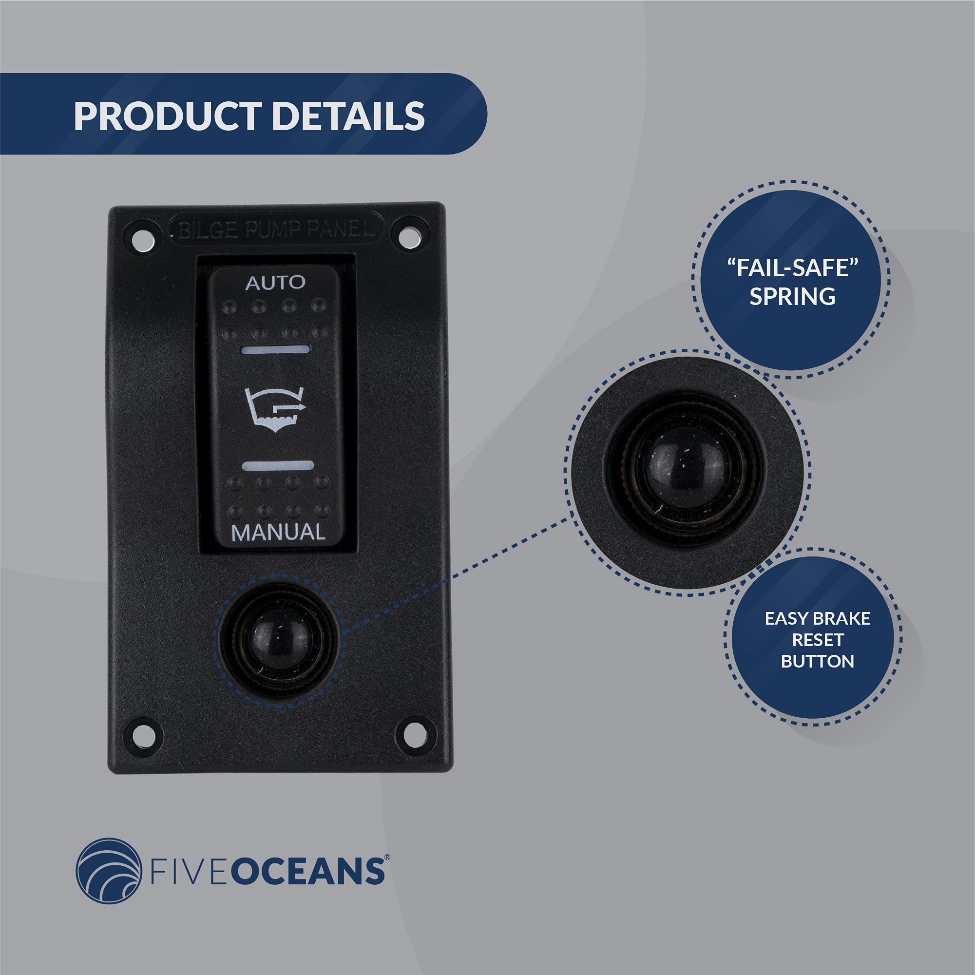 Five Oceans 3-Way Rocker Bilge Pump Switch 12V with LED Light Indicator & Circuit Breaker - FO3851 | Manual/Automatic Bilge Pump Control Panel Switch for Boats, Yachts & Marine Applications