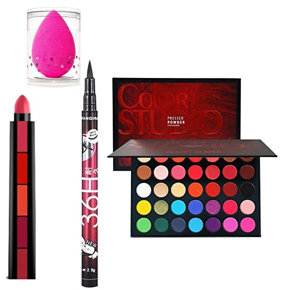 Beggie Long-Lasting Matte Lipstick Set for Women (5-in-1) + 36-Hour Waterproof Eyeliner Pen + Makeup Sponge Blender + High-Pigment Glazed Eyeshadow Palette (35 Colors) - Perfect for Daily Makeup, Party Looks & Professional Makeup Artists