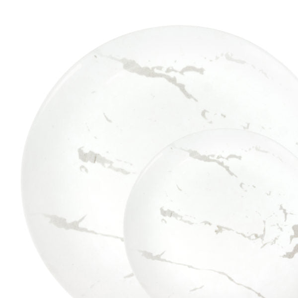 White Round Plastic Plates - 50 Pack Durable Disposable Dinner Plates for Party, Picnic, BBQ & Outdoor Events - Stone Design Elegant Tableware