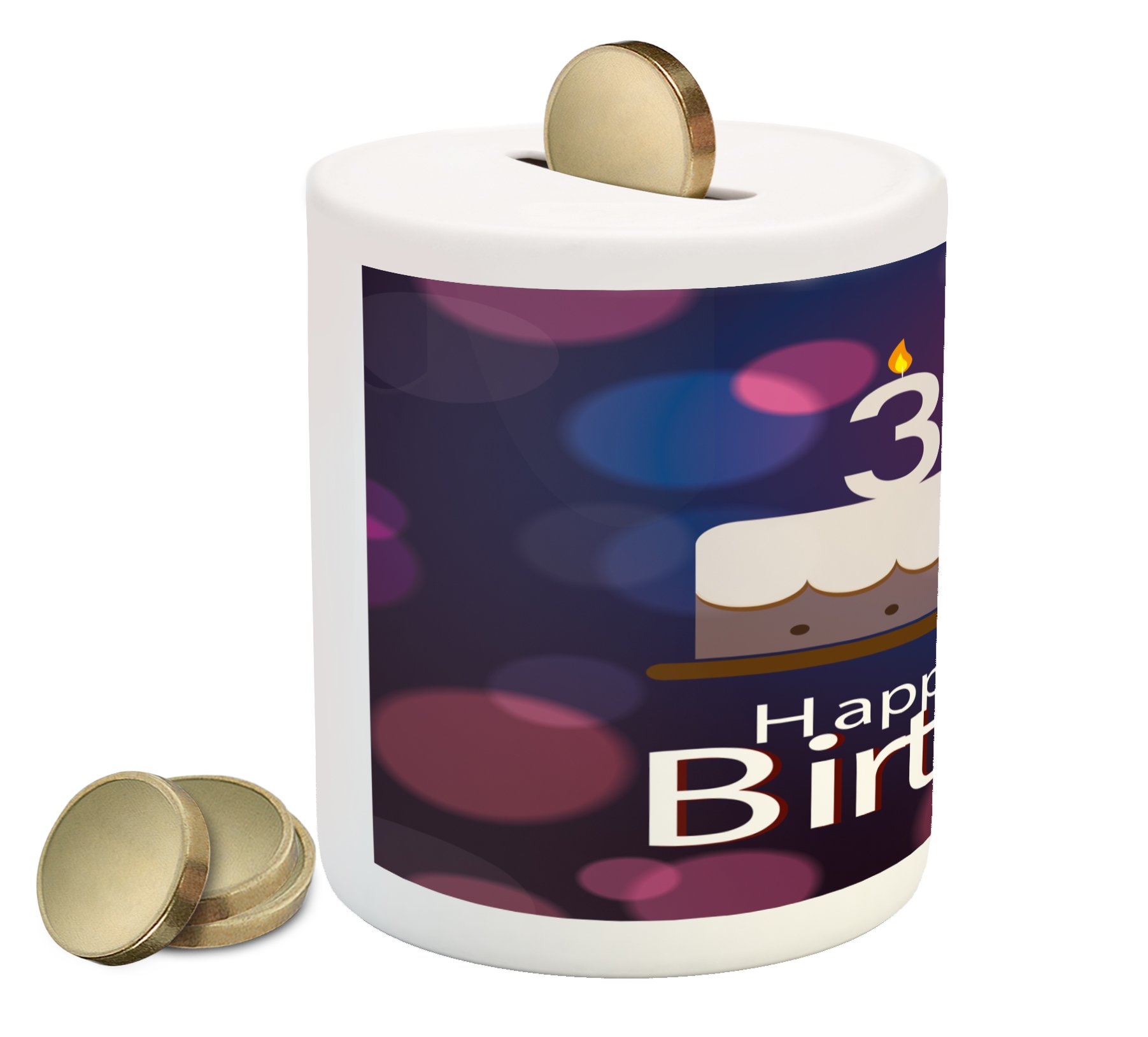Ambesonne 30th Birthday Piggy Bank - Ceramic Money Box with Graphic Cake & Candles Design on Abstract Bokeh Background - Pink Navy Blue White Coin Bank for Cash Savings | Perfect Birthday Gift for 30-Year-Olds, Money Saving Jar for Adults & Teens