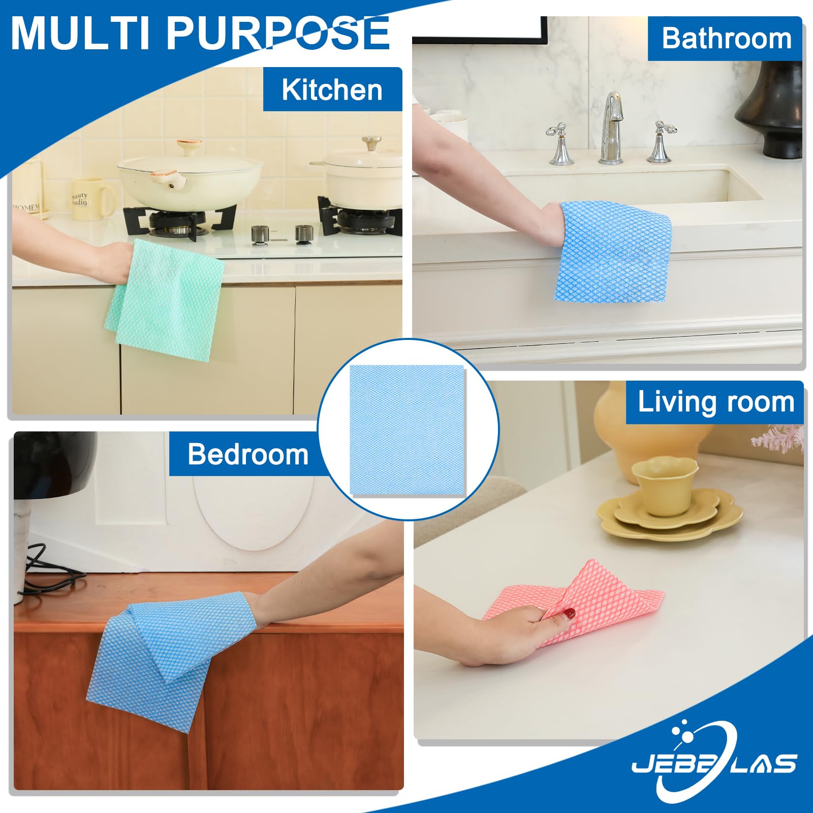 **JEBBLAS Disposable Cleaning Towels & Reusable Dish Cloths – 50-Pack Blue Cleaning Wipes for Kitchen, Bathroom & Household Cleaning**
