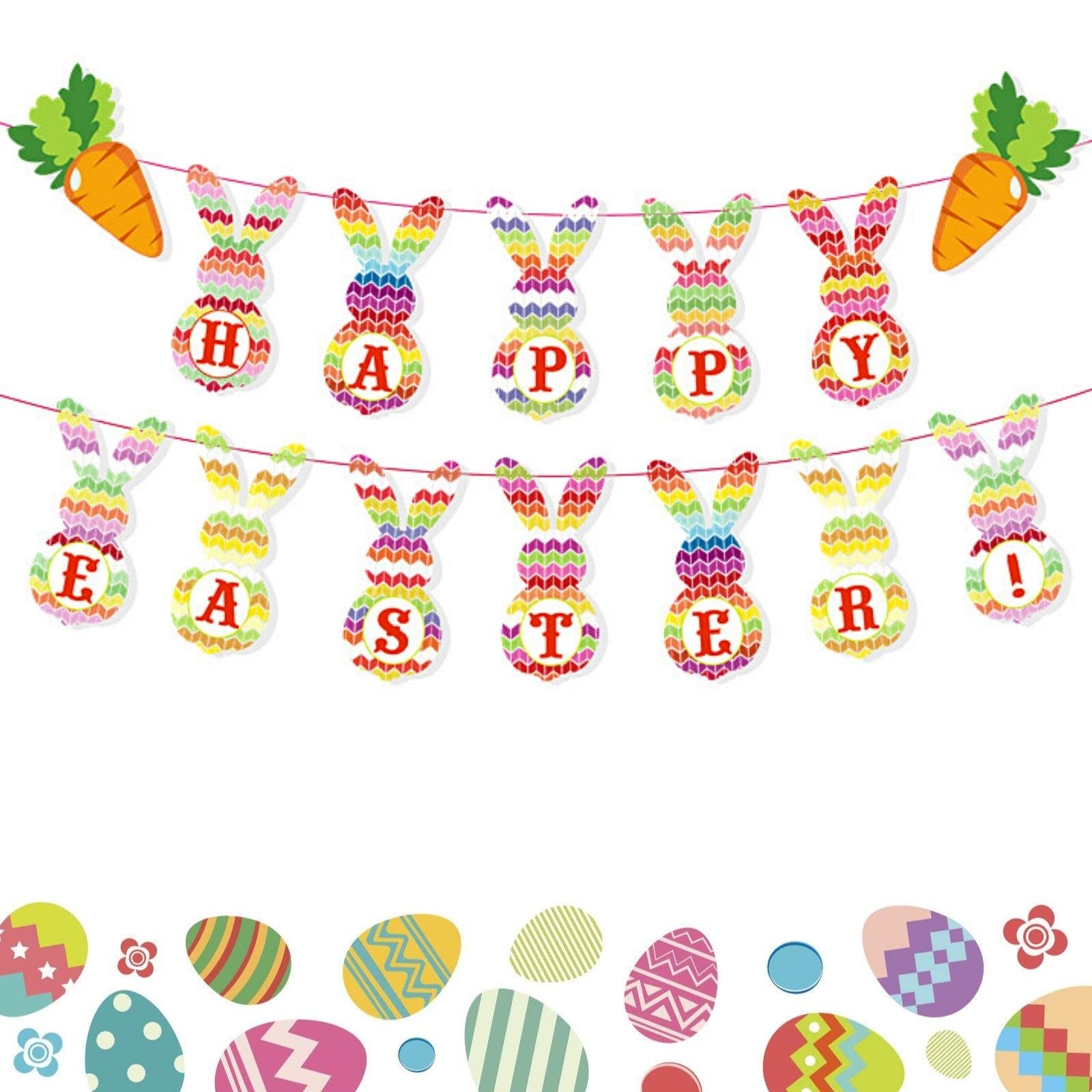 Happy Easter Banner - Colorful Bunny Egg Garland for Mantle, Fireplace & Party Decor - Indoor/Outdoor Hanging Bunting with Rabbit Carrot Design - Perfect for Easter Home Decorations, Spring Festivals & Holiday Celebrations