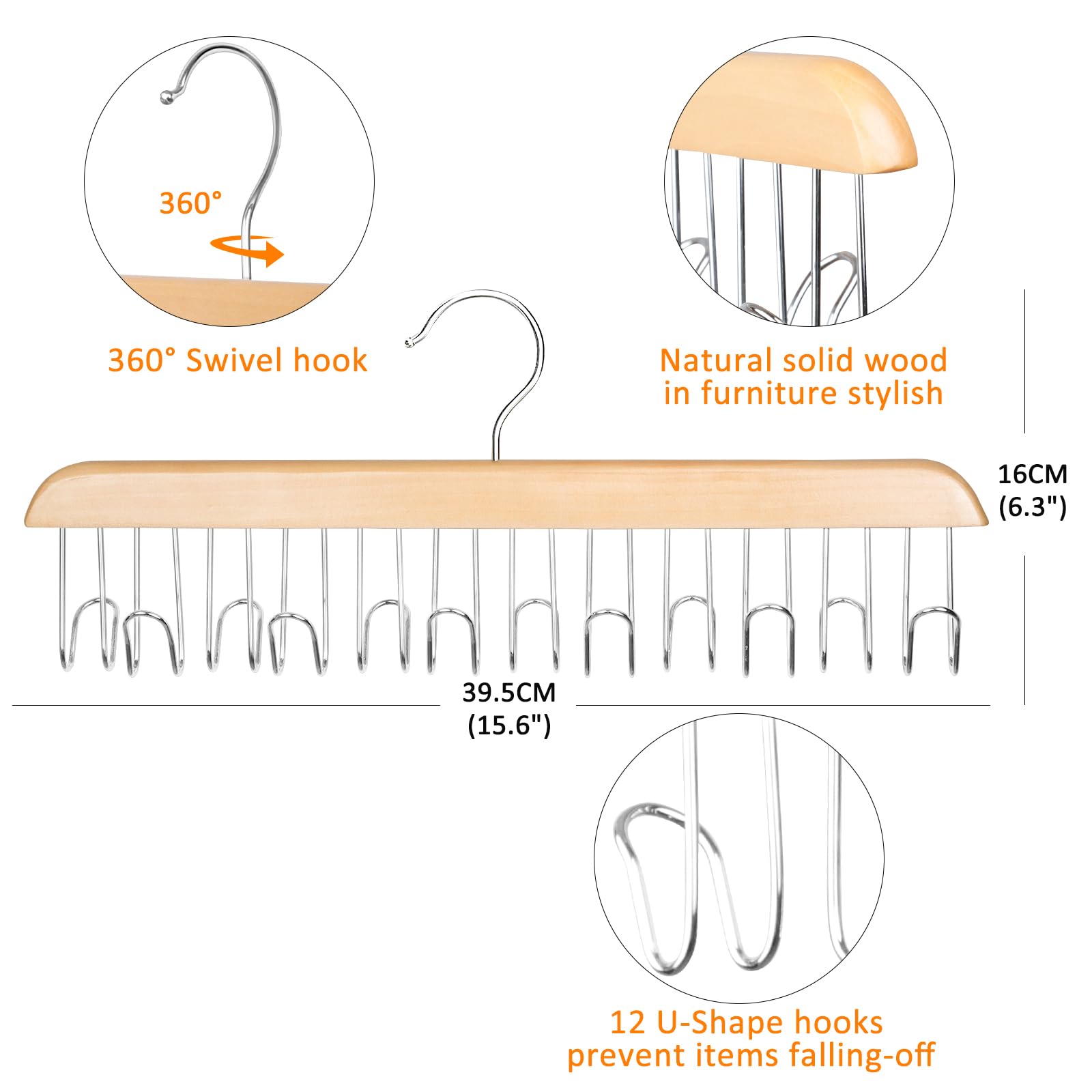 ManGotree Wooden Belt Hanger for Closet Organizer - 12 Hook Space Saving Belt Rack for Belts, Ties, Scarves, Hats & Accessories - Sturdy Wood Storage Solution (2 Pack, Natural) - Perfect for Bedroom, Closet & Entryway Organization