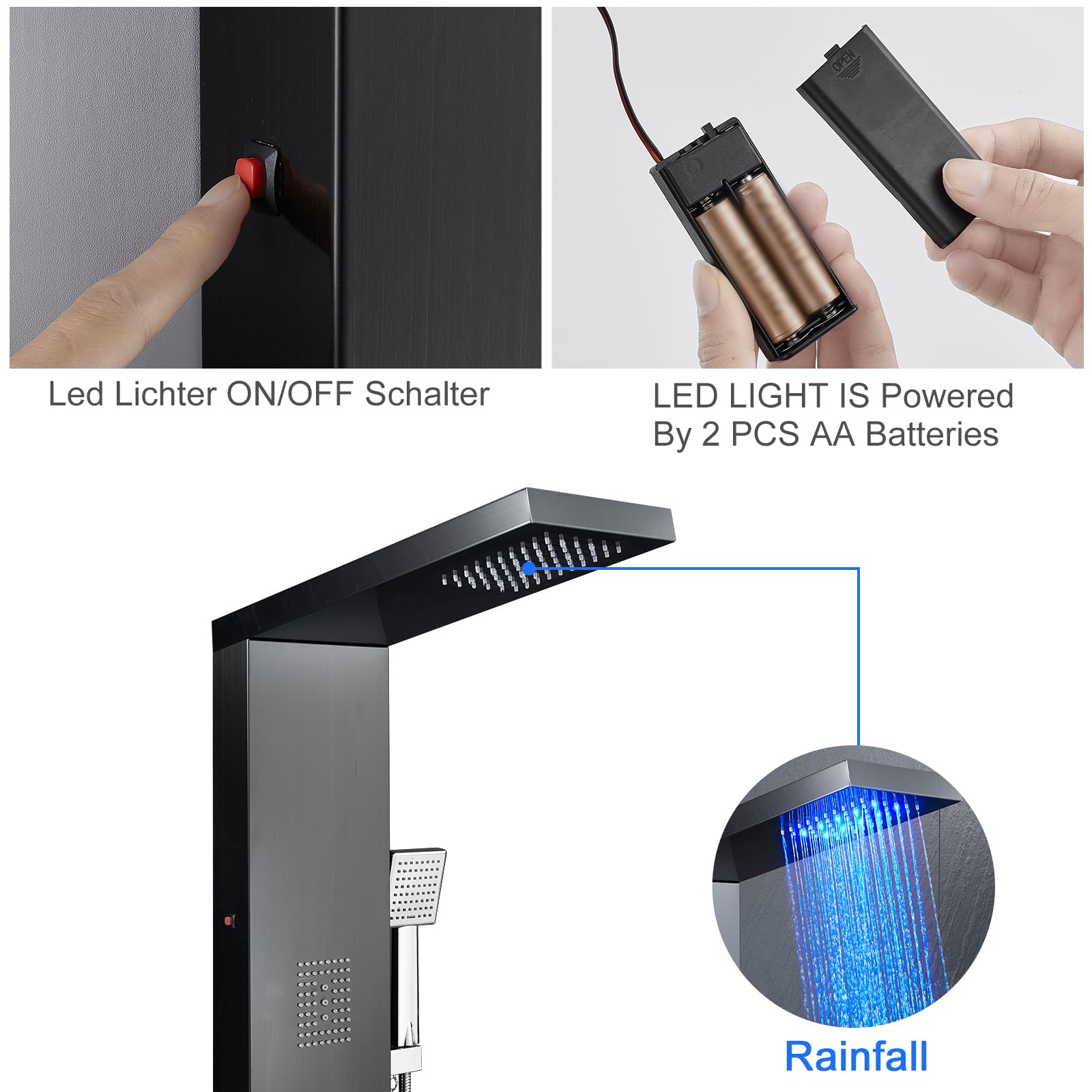 Premium Stainless Steel Shower Tower Panel System with LED Waterfall Shower - 5-in-1 Luxury Shower Panel with Rainfall Shower Head, 2-in-1 Body Jets, Handheld Showerhead & Bathtub Filler (Black) - Perfect for Modern Bathroom Renovation & Spa-Like Shower Experience