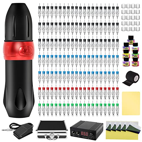 Jconly Complete Tattoo Pen Machine Kit - Rotary Tattoo Gun with 140 Cartridges & Power Supply for Beginners & Professional Artists | Perfect for Home Tattoo Practice & Studio Work