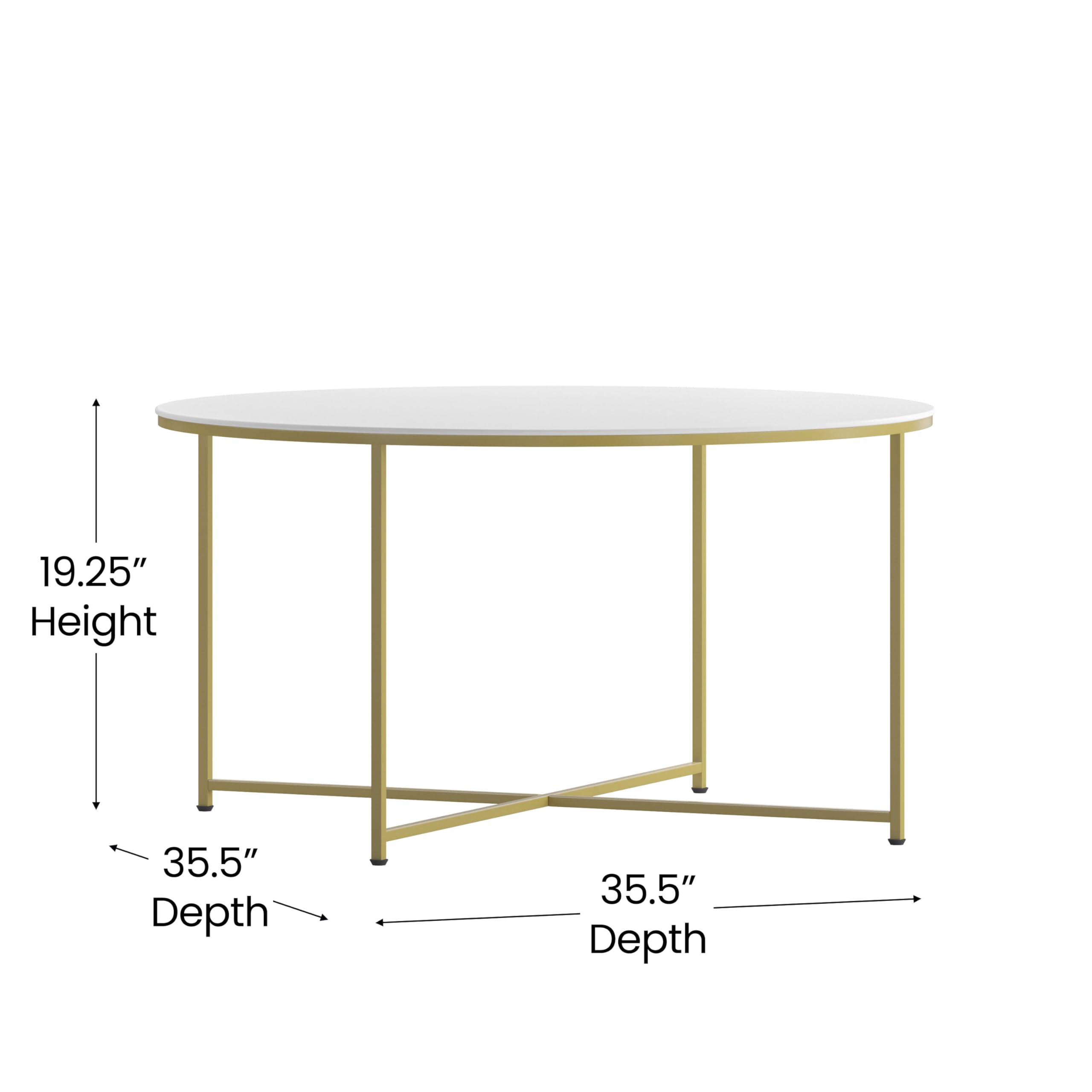 Modern White Finish Coffee Table with Crisscross Brushed Gold Frame - Hampstead Collection - Stylish Living Room Furniture for Home Decor & Entertaining