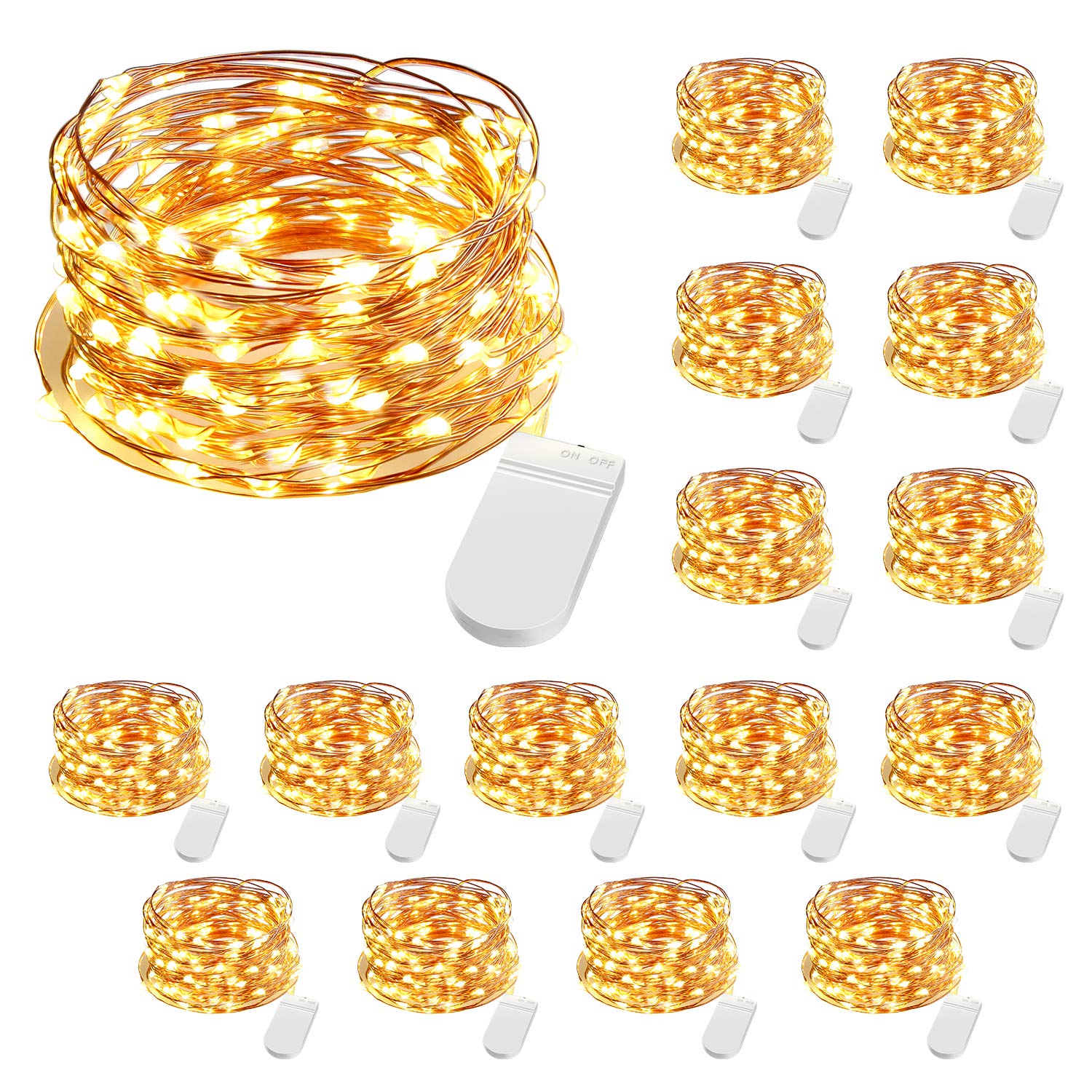 CLY 10ft 16 Pack Fairy Lights - 30 LED Waterproof Outdoor String Lights with Copper Wire, Battery Operated (Included) - Warm White Firefly Starry Lights for DIY Crafts, Christmas Decor, Mason Jars, Wedding Centerpieces, Party Decorations, Garden Lighting and Patio Ambiance