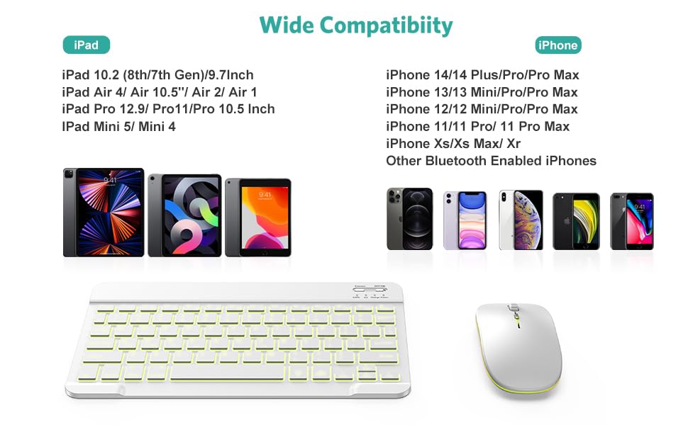 TECURS Wireless Bluetooth Keyboard and Mouse Combo - 7-Color Backlit Rechargeable for iPad 10th/9th/8th Gen, iPad Pro/Air/Mini (iPadOS 13+) - White Grey - Perfect for Home Office, Remote Work & iPad Productivity