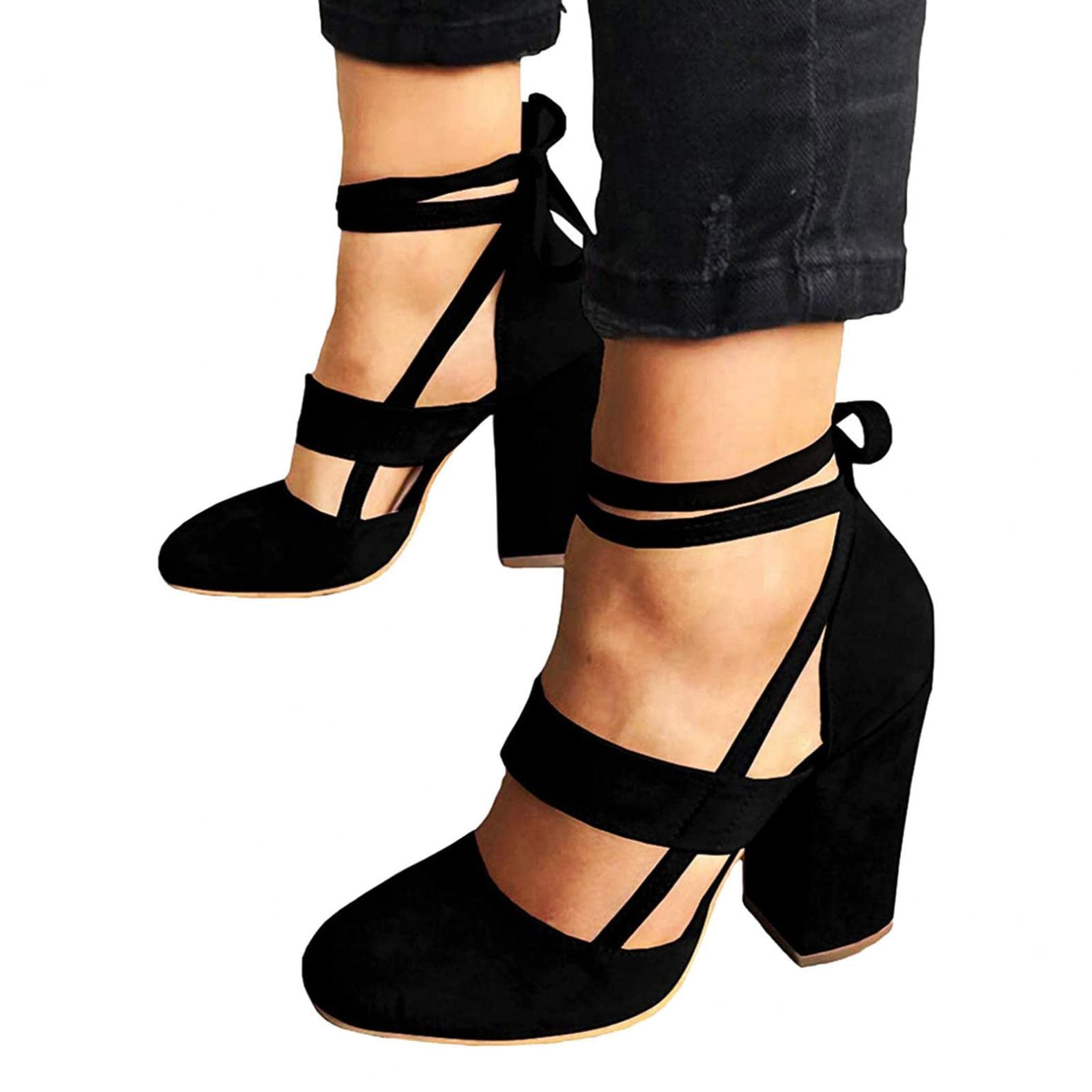 Elegant Women's Closed Toe Block Heel Pumps with Ankle Strap & Lace-Up Design - Dressy Fashion Sandals for Casual Wear, Parties & Office Outfits