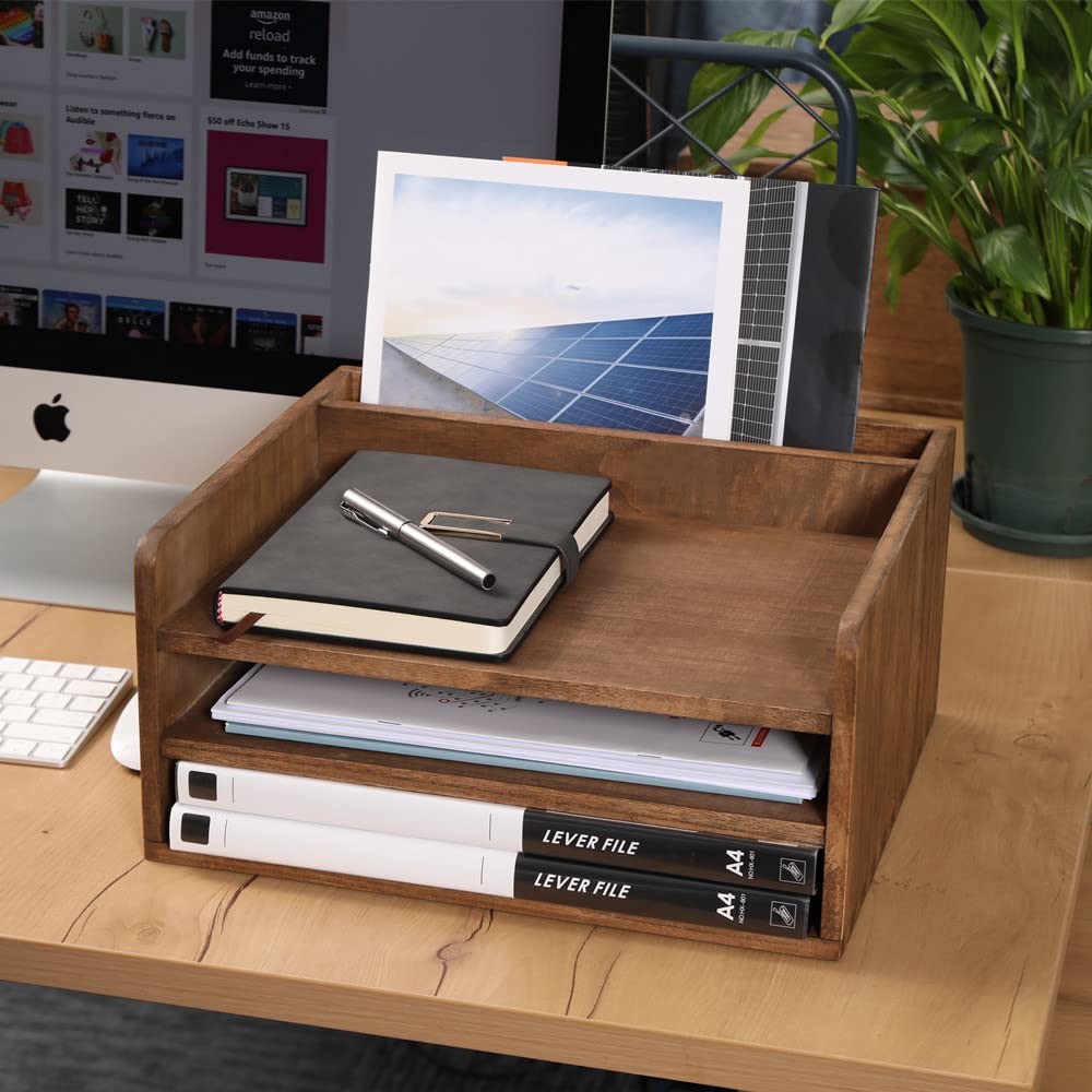 Wooden Desk Organizer with 3-Tier Paper Tray & Vertical File Compartment - Office Document Storage Rack for Files, Folders & Mail - Perfect for Home Office, Workspace & School Organization (Dark Brown)