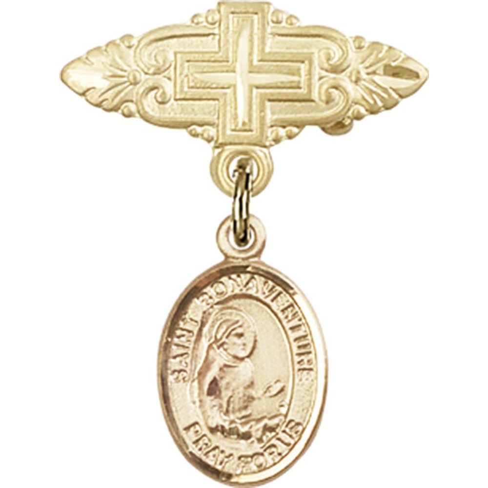 St. Bonaventure Gold Filled Baby Badge with Cross Charm - 1 X 3/4 Inch Religious Pin for Baptism, First Communion & Christening Gifts