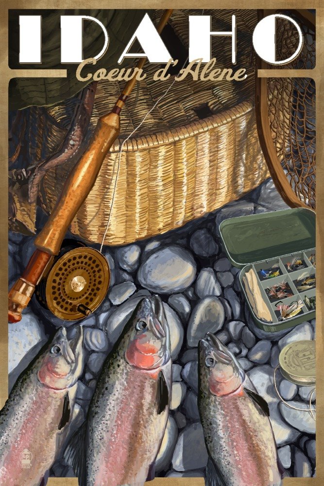 Coeur d'Alene Idaho Fishing Basket & Supplies - 12x18