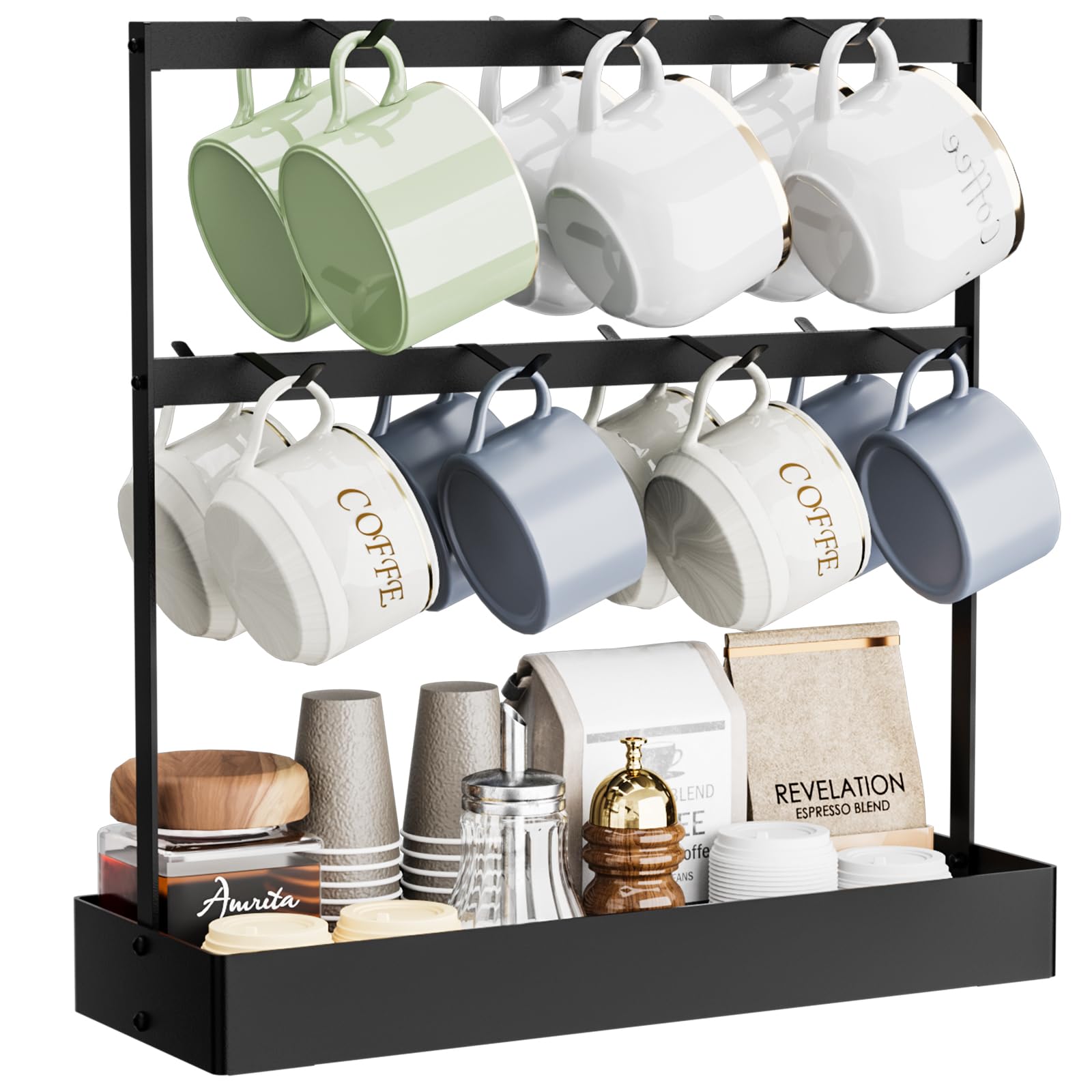 14-Cup Coffee Mug Holder with Hooks - 2-Tier Mug Tree Rack with Storage Base for Coffee Pods, Sugar Bags & Paper Cups | Space-Saving Countertop Organizer | Perfect Gift for Coffee Lovers (Home, Office, Cafe Use)