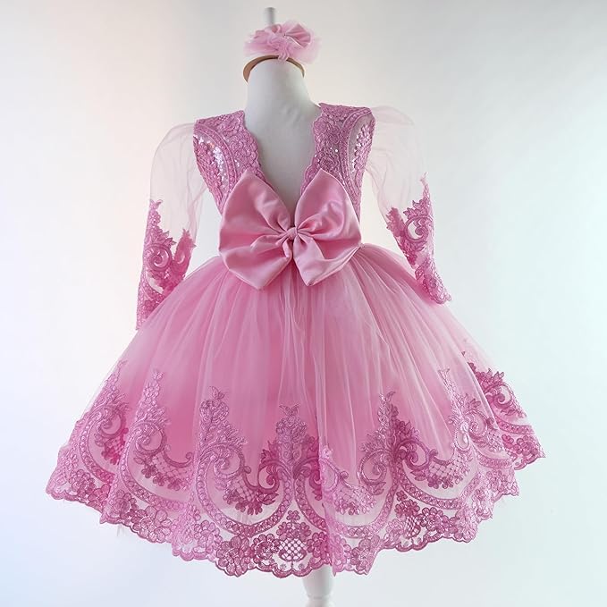 Pink Lace Baby Girl Tutu Dress with Bowknot & Feather Flower - Long Sleeve Toddler Party Outfit for Christmas, Birthday & Special Occasions - US Size 5 Years - Perfect for Flower Girls, Pageants & Holiday Photos