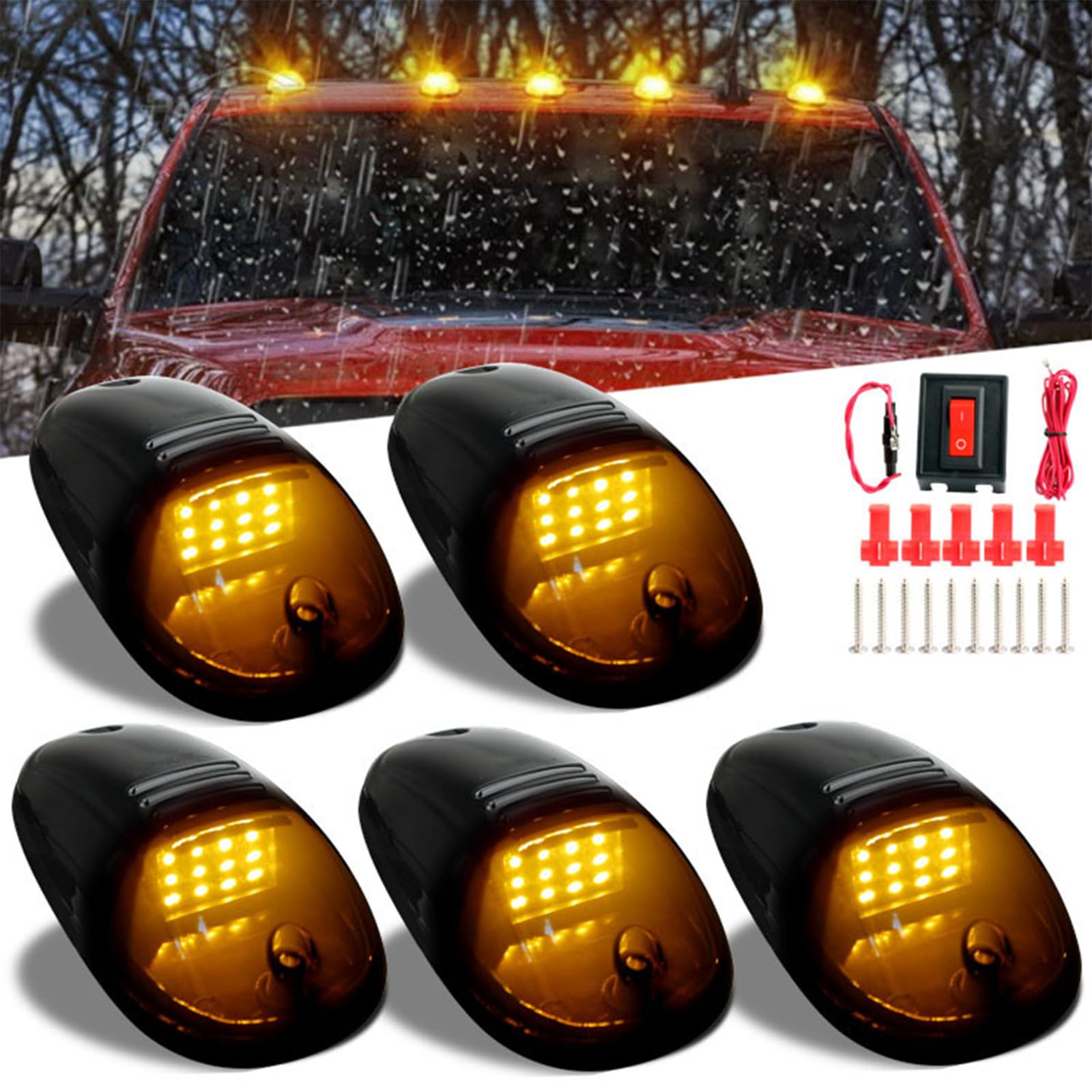 Solar Powered Cab Lights for Truck - Wireless LED Lights, No Drill Installation, Black Yellow Light (5PCS) - Perfect for Off-Roading, Camping & Nighttime Visibility