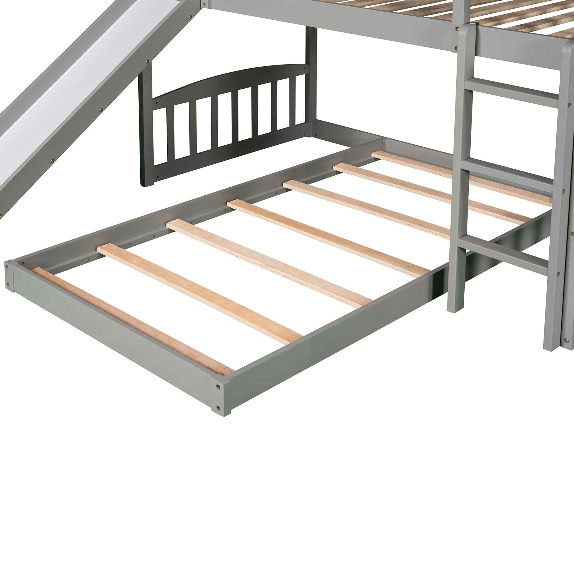 ATY House Twin Over Twin Wooden Bunk Bed for Kids with Slide, Roof, Guardrail & Ladder - No Box Spring Needed - Space-Saving Gray Bunkbed for Bedrooms, Guest Rooms & Vacation Homes
