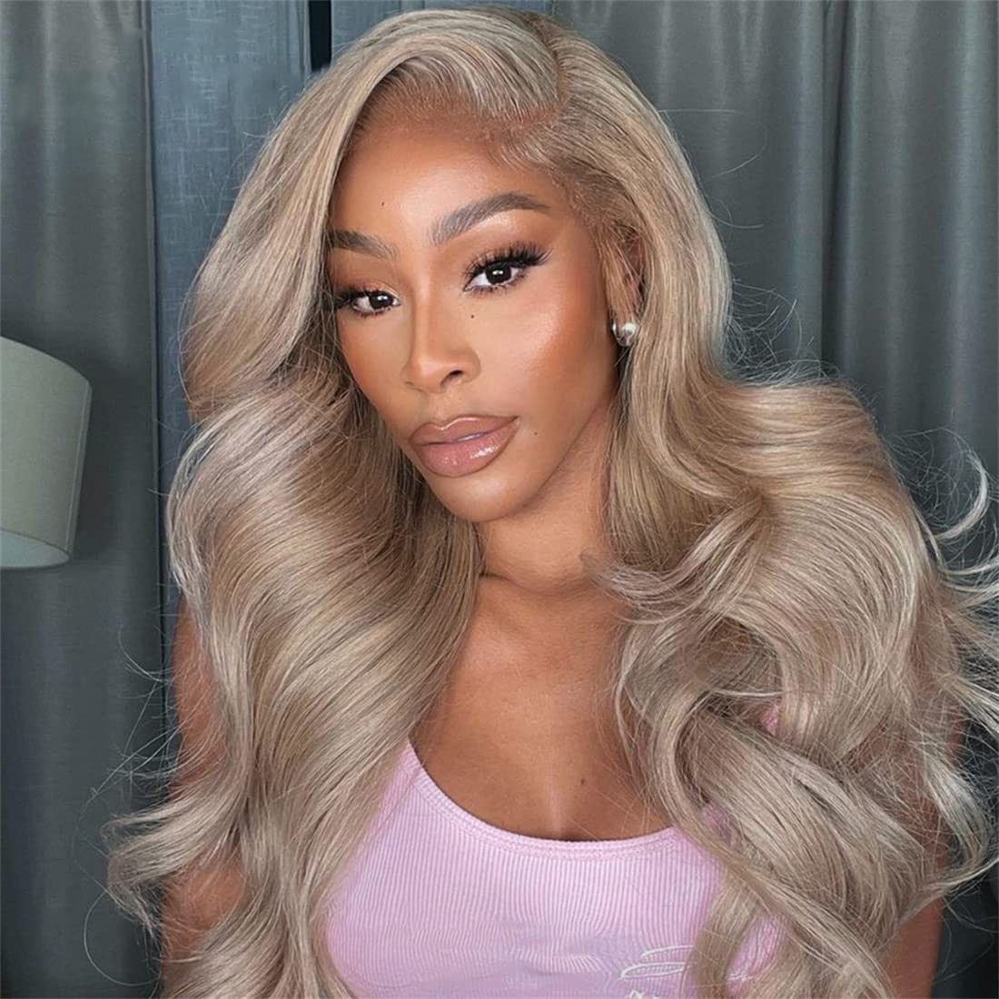 Ash Blonde Silver Gray Highlight 180% Density Human Hair Lace Front Wig - 13x4 Body Wave with Mini Knots HD Invisible Lace | Glueless Milk Tea Brown & Silver Blonde 22 Inch Wigs for Women | Perfect for Cosplay, Daily Wear & Special Occasions