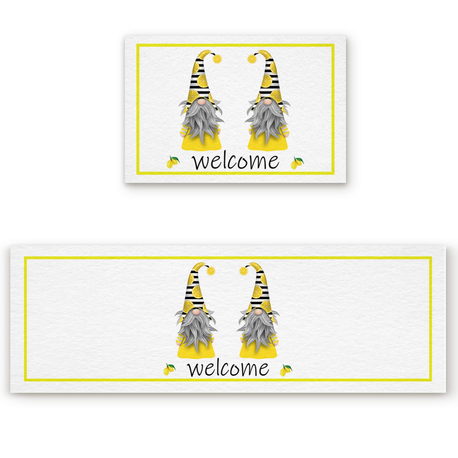 2-Pack Anti-Fatigue Kitchen Runner Rugs Set - Non-Slip Rubber Backing, Washable Floor Mats with Lemon Gnome Welcome Print (23.6