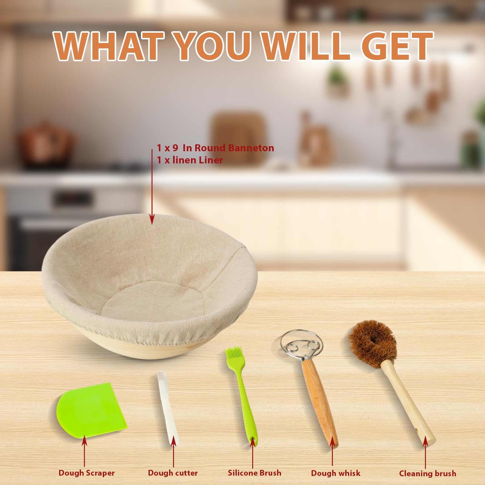 Keygo 9 Inch Round Sourdough Banneton Bread Proofing Basket Set with Linen Liner, Plastic Dough Scraper & Bread Scoring Cutter - Essential Baking Tools for Artisan Homemade Bread, Perfect for Sourdough, Baguettes & Pastry Making