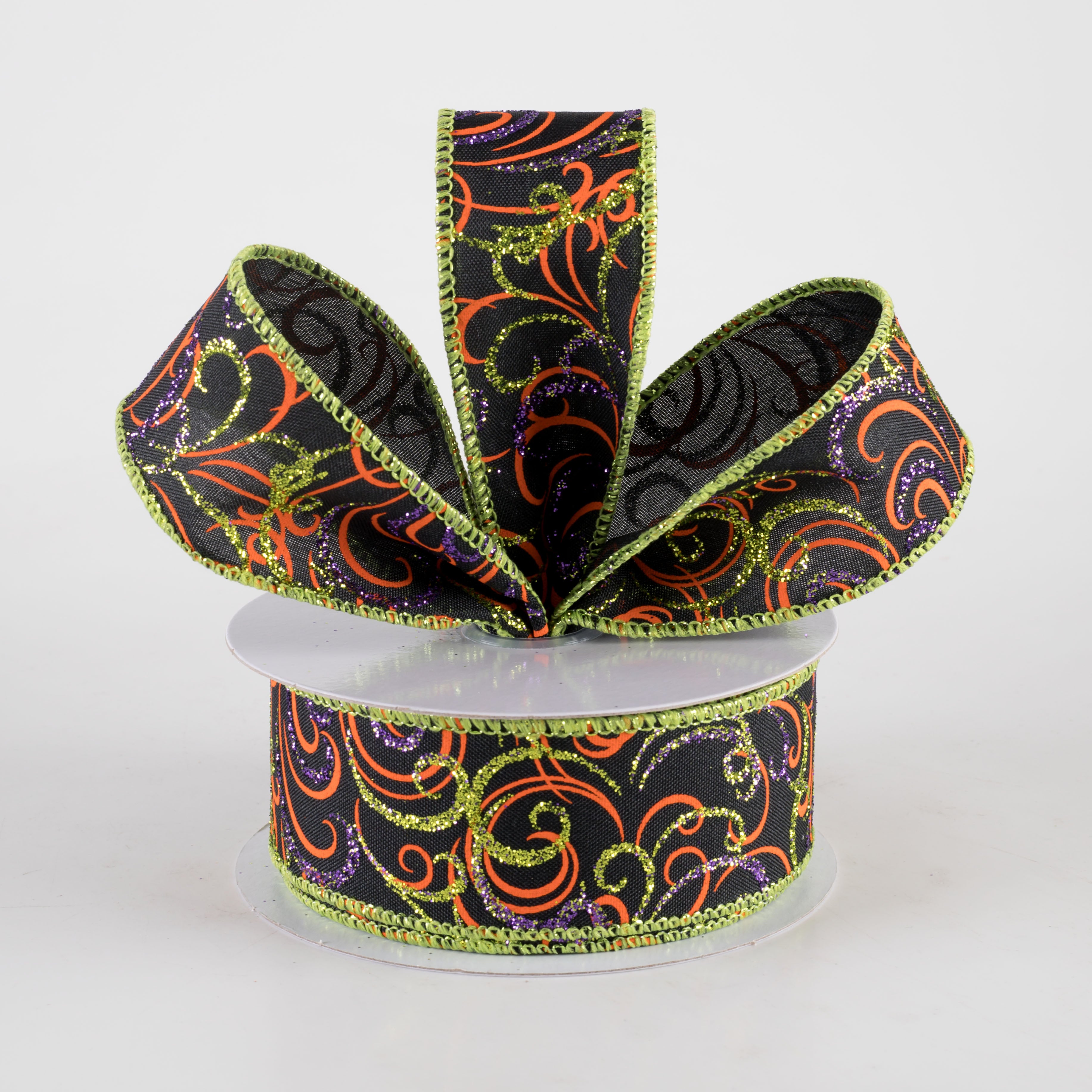 1.5 Inch Glittered Multi Swirls Ribbon - 10 Yards Bulk Spool in Black, Orange, Purple & Lime | Perfect for Gift Wrapping, DIY Crafts, Party Decorations & Scrapbooking