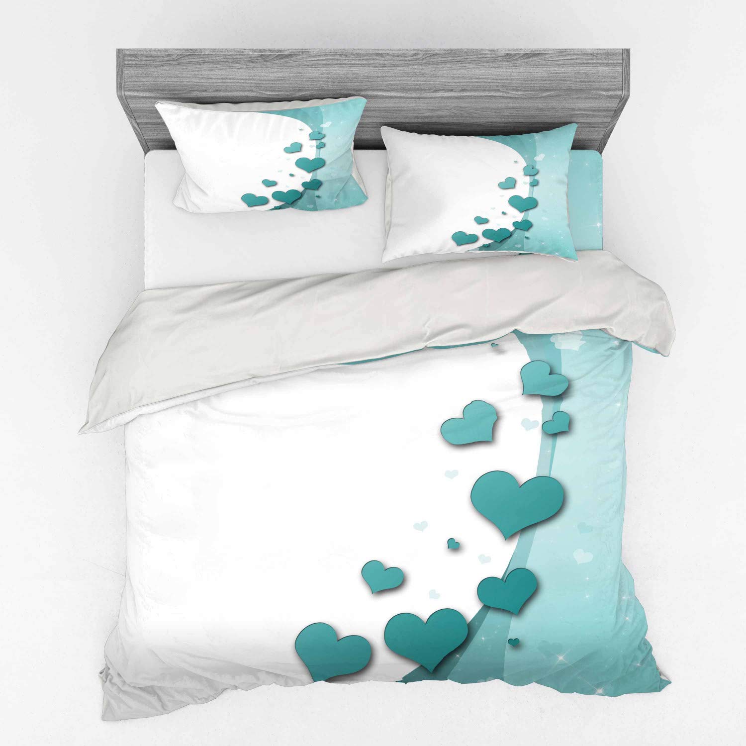 Ambesonne Turquoise Bedding Set - 4 Piece King Size Duvet Cover with Shams & Fitted Sheet, Valentine's Day Romance Art with Hearts & Stars, Wedding Happiness Theme in Teal White - Perfect for Master Bedrooms, Guest Rooms & Romantic Getaways