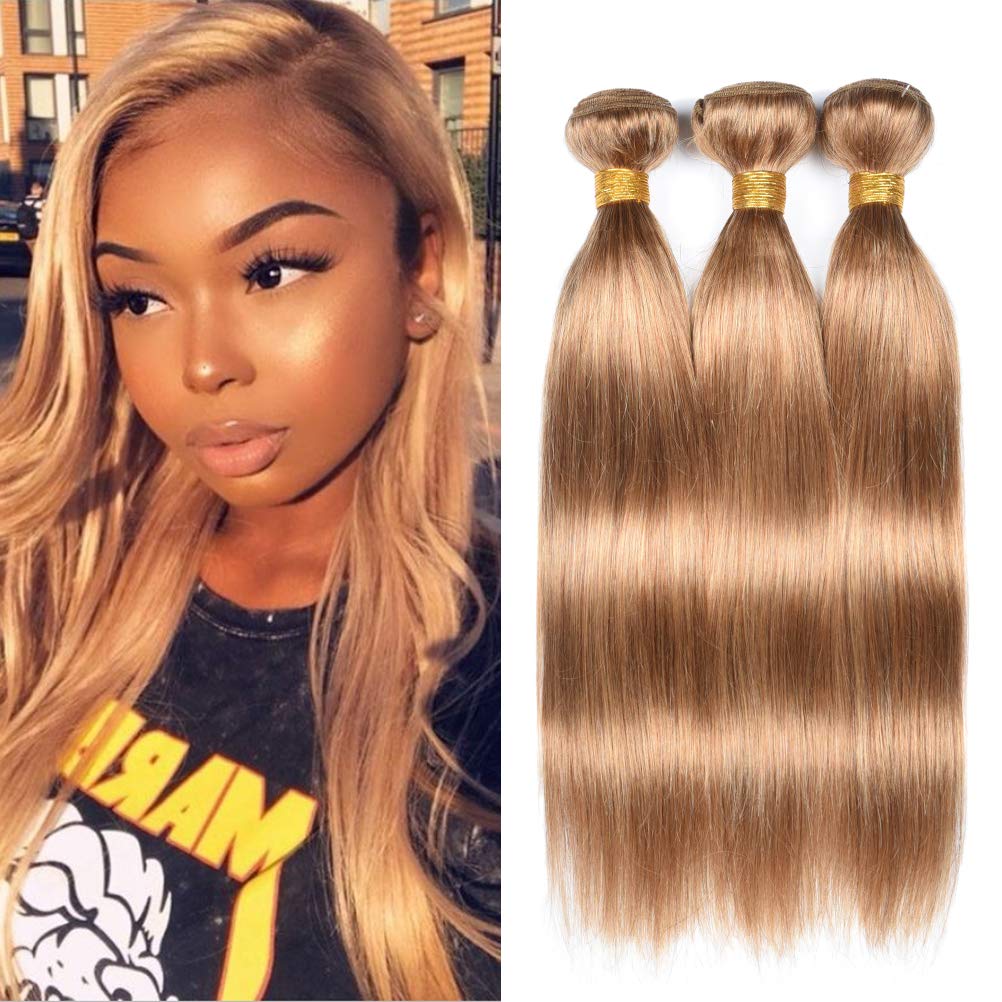WOME 100% Unprocessed Virgin Peruvian Straight Hair Extensions - 3 Bundles Soft & Shiny Human Hair Wefts (12/14/16 Inch, Honey Blonde 27#) for Daily Styling & Special Occasions