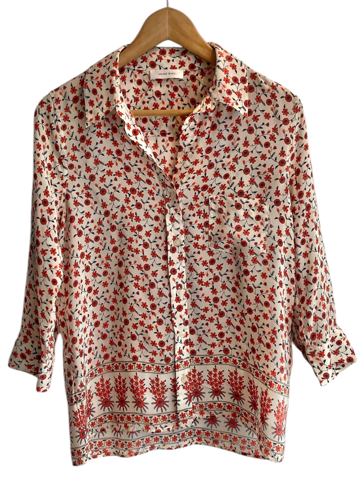 Anine Bing Women's Red Floral Print Blouse XS - Casual Chic Shirt for Work, Date Night & Spring Outfits