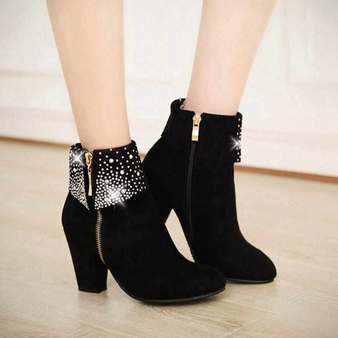 VOKLIN Women's Chunky Block Heel Ankle Boots - Round Toe Suede Booties with Rhinestone Details & Side Zipper - Perfect for Party, Office & Night Out (Black, Size 7)