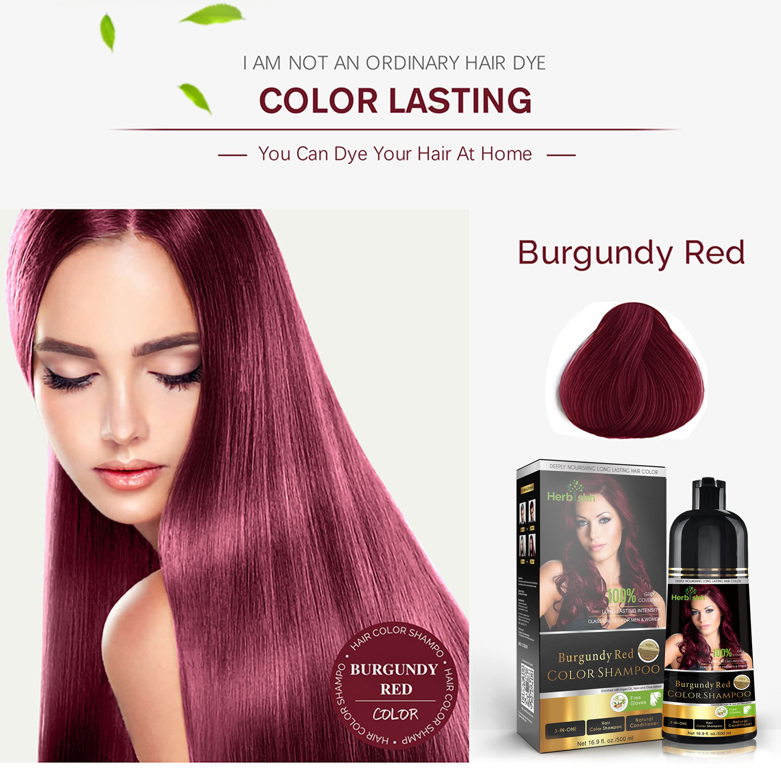 Herbishh Burgundy Hair Color Shampoo & Cream Set - 500ml Gray Hair Coverage & Natural Color Treatment | At-Home Salon Solution for Women & Men with Premature Graying