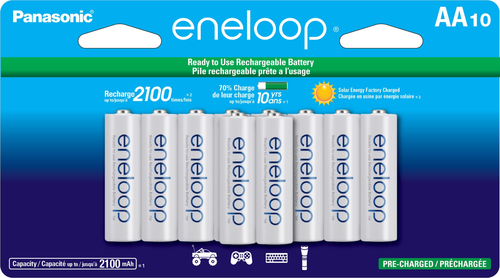 Panasonic Eneloop BK-3MCCA10FA AA 2100 Cycle Ni-MH Rechargeable Batteries (10-Pack) - Pre-Charged for Immediate Use - Perfect for Cameras, Flashlights, Toys & Electronics