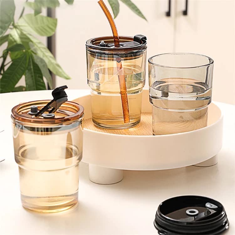 JINU 380ml Glass Tumbler with Lid & Glass Straw - Insulated Travel Mug for Coffee, Smoothies, Milkshakes & Juice - Light Gray/Light Brown - Perfect for Office, Gym, Camping & Daily Commute