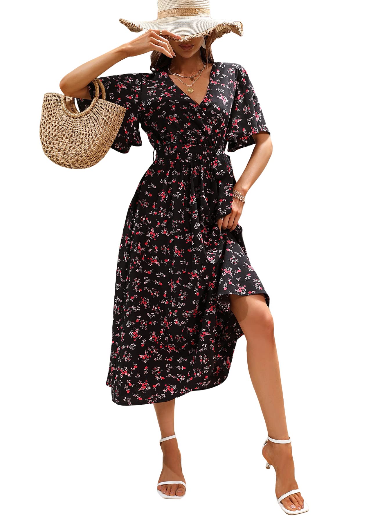 SheIn Women's Floral Print V-Neck A-Line Dress - Short Sleeve Tie Waist Midi Summer Dress for Casual Outings, Parties & Beach Vacations