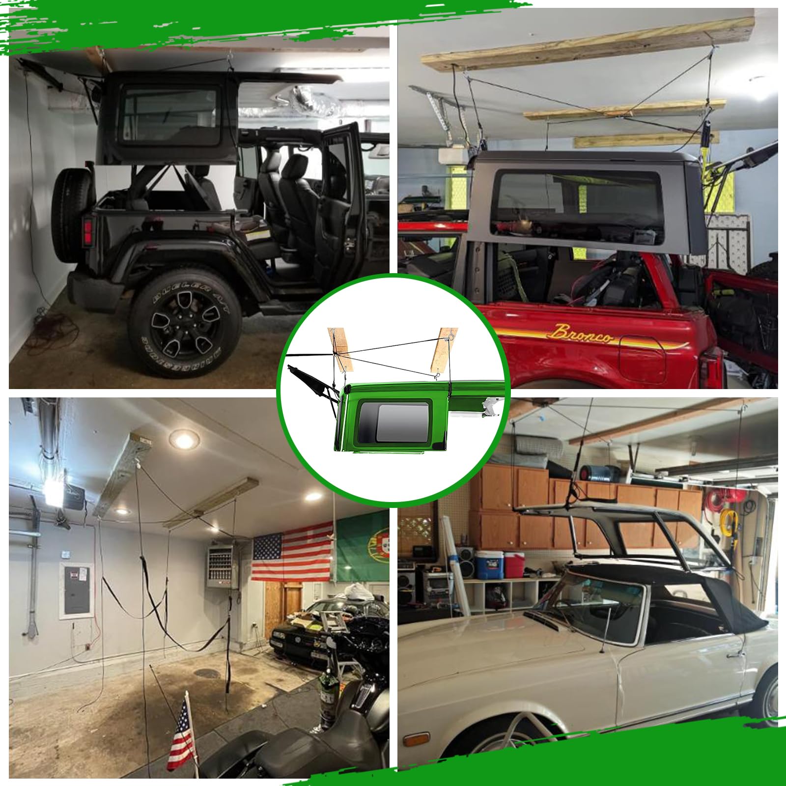 Jeep Hard Top Removal Lift for Ford Bronco & Jeep Wrangler JK JL Models - One-Person Hardtop Hoist with Anti-Drop Safety System - Fits 8-16 ft Ceilings - Includes 6 T Knobs - Perfect for Garage Storage & Off-Road Vehicle Maintenance