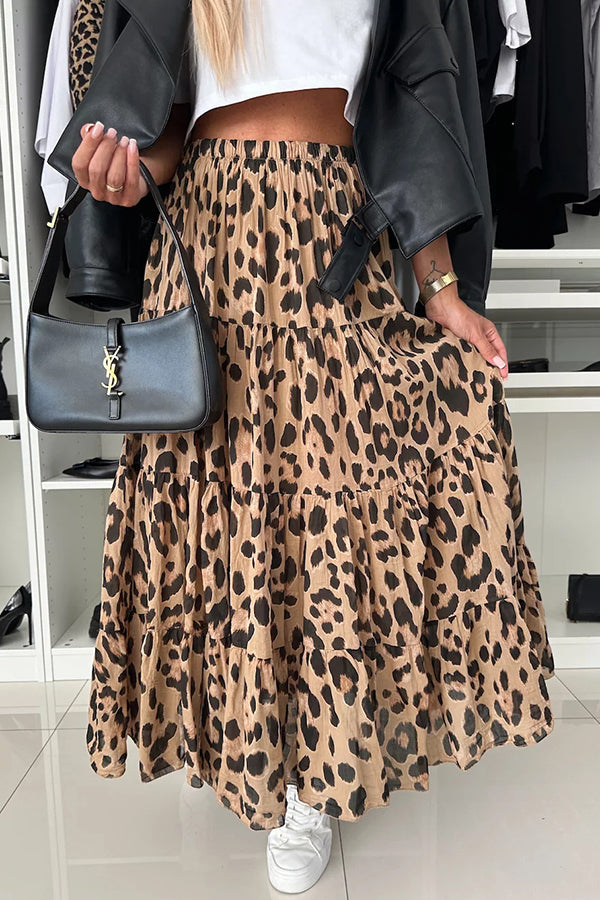Stylish Leopard Print Maxi Skirt with Elastic Waist - Comfortable A-Line Layered Design for Women | Perfect for Casual Outings, Beach Vacations & Boho Fashion