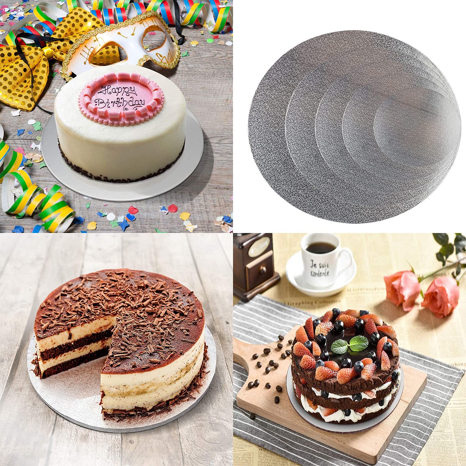 5 Pack Round Cake Boards - 4, 6, 8, 10, 12 Inch Silver Cake Circles for Baking & Decorating | Perfect for Birthday Cakes, Wedding Cakes, Cupcakes & Dessert Displays
