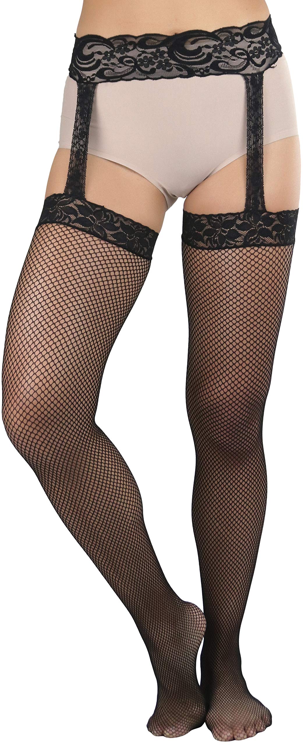 ToBeInStyle Women's Sexy Garter Backseam Fishnet Stockings - One Piece Thigh High Stockings with Lace Trim for Lingerie, Cosplay & Night Out