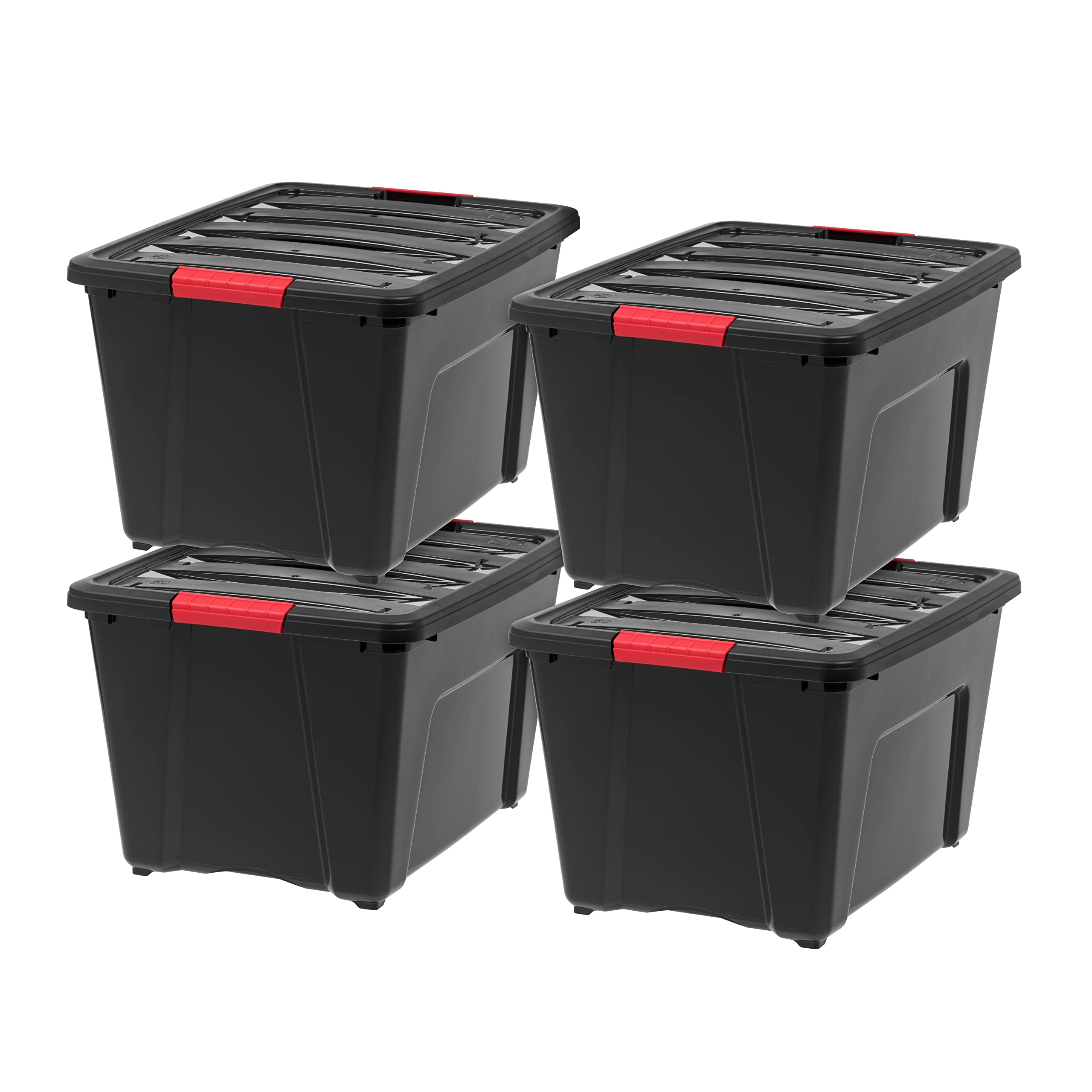 IRIS USA 54 Qt Stackable Plastic Storage Bins with Lids, 4 Pack - BPA-Free, Made in USA - Durable Nestable Containers for Garage, Closet & Home Organization - Secure Pull Handle & Latches - Black Storage Boxes for Toys, Seasonal Decor & Household Items