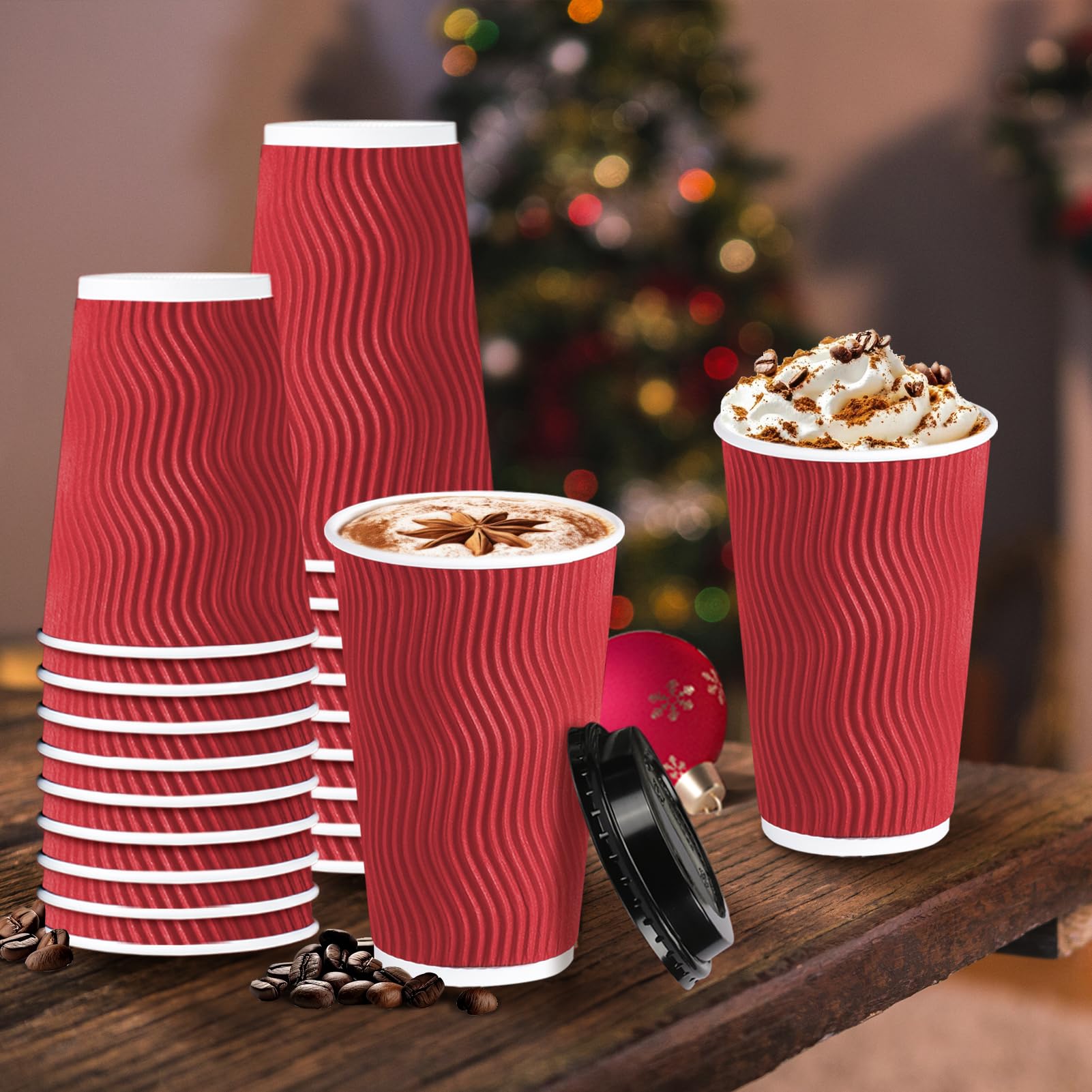 Lamosi 16oz Disposable Christmas Coffee Cups with Lids - 60 Pack Red Paper Hot Cups for Holiday Parties, Office Events & Family Gatherings - Eco-Friendly To-Go Cups for Hot Beverages