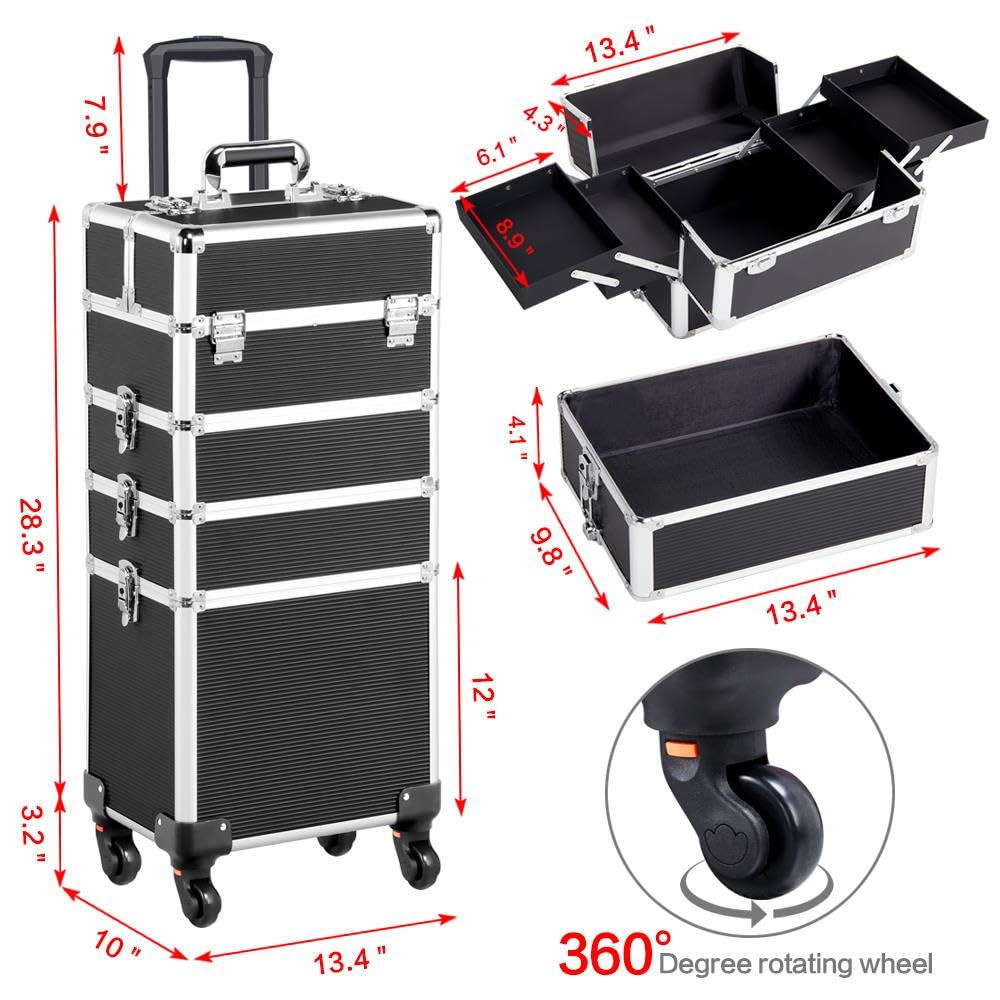Topeakmart 4-in-1 Professional Rolling Makeup Case - Large Cosmetic Train Case & Travel Makeup Organizer with Removable Wheels (Black) | Perfect for Makeup Artists, Travel & Salon Storage
