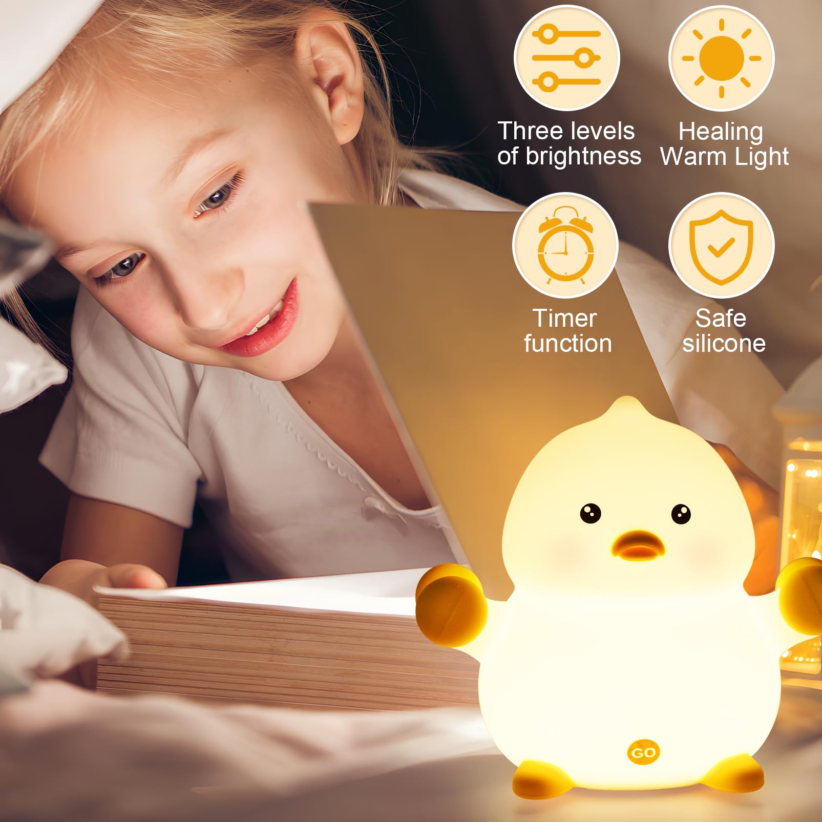 Rechargeable LED Night Light Duck for Kids - Adjustable Silicone Baby Night Lamp with Timer, Cute Nursery Decor for Girls & Boys | Perfect for Bedrooms, Nurseries & Kids' Rooms