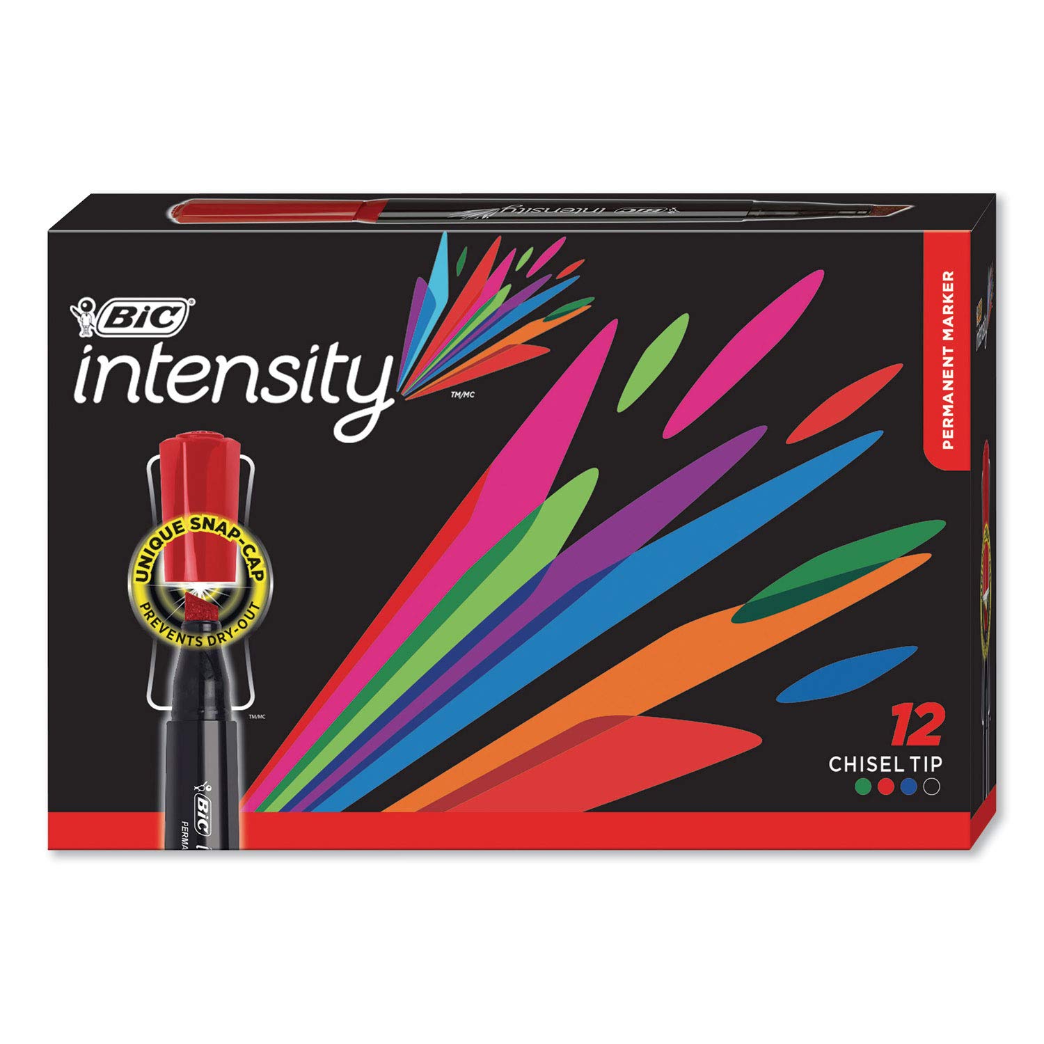 BIC Intensity Permanent Marker Set of 12 - Assorted Colors, Chisel Tip for Bold Lines - Ideal for Office, School, Art Projects & DIY Crafts