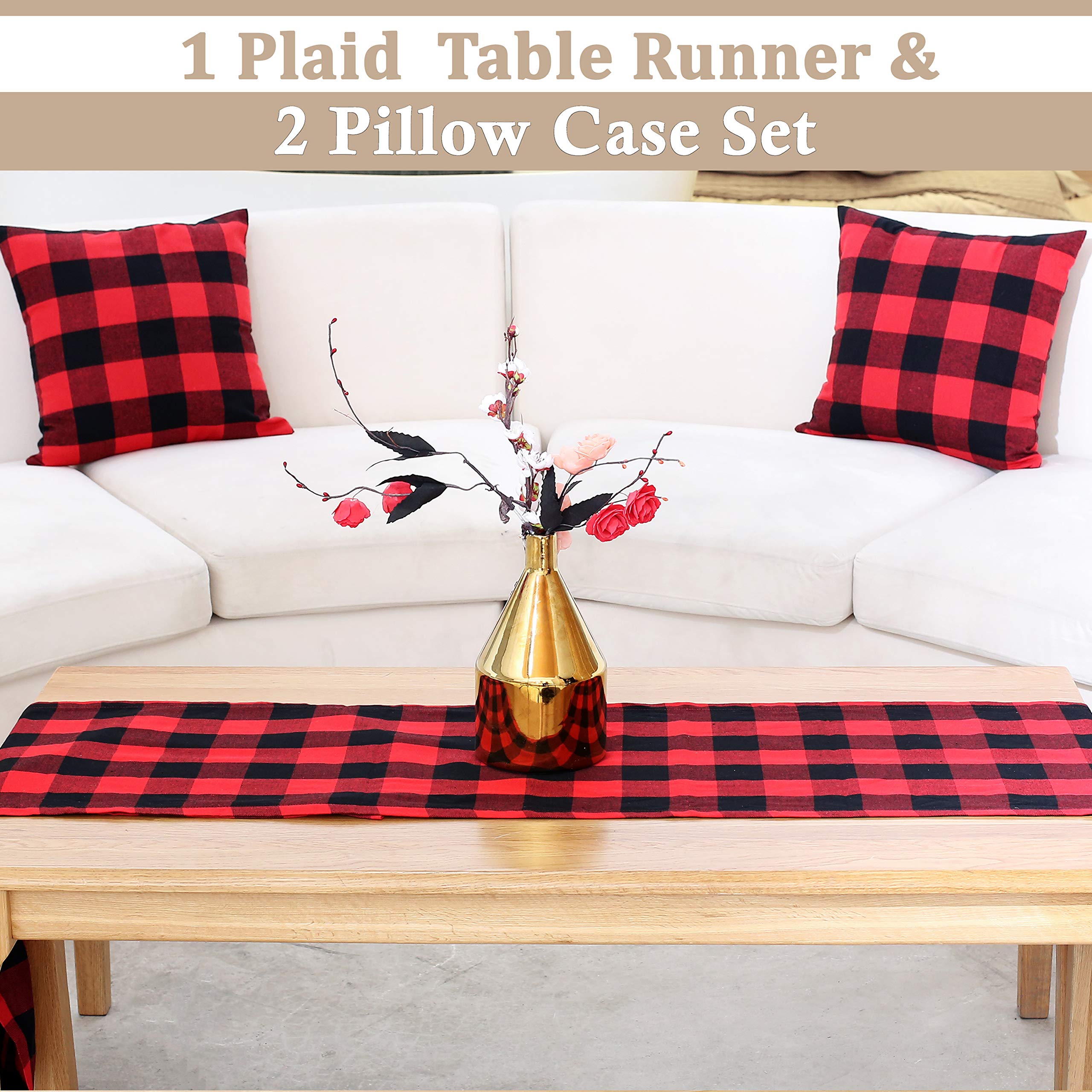 BETTERLINE Buffalo Check Plaid Table Runner Set with 2 Pillow Covers - 72x14 Inch Farmhouse Table Runner & 18x18 Inch Decorative Throw Pillow Cases - Perfect for Christmas, Thanksgiving & Fall Home Decor
