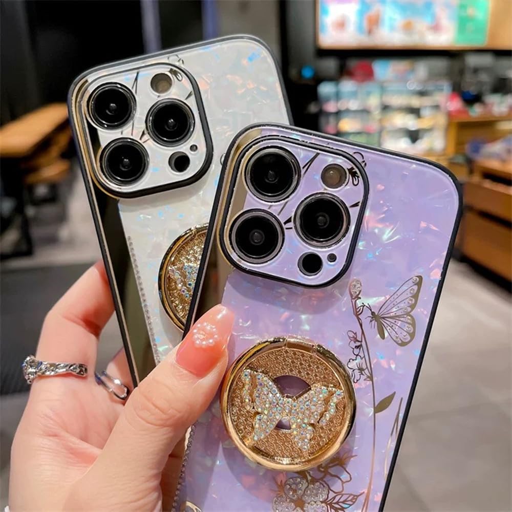 **Elegant Bling Diamond Butterfly Flower iPhone 16 Pro Max Case for Women - Cute Girly Glitter Pearl Soft Silicone Cover with Ring Stand (Purple) - Perfect for Daily Use, Work, and Social Events**
