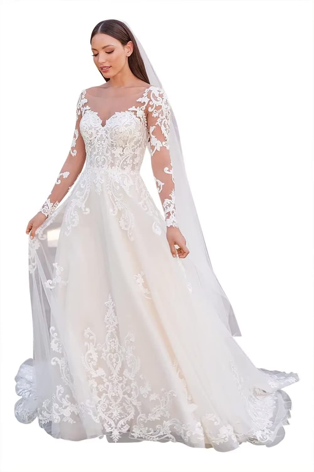 Elegant 2023 Women's Lace Wedding Dresses for Bride - Beach Bridal Gowns, A-Line Chapel Train Wedding Dress for Outdoor Ceremony & Destination Weddings