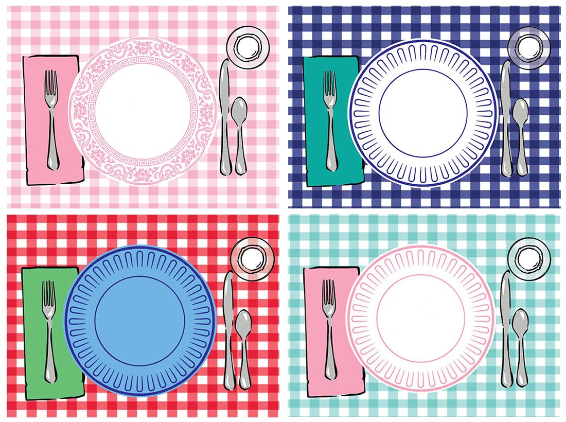 SharkBliss Montessori Placemat Set of 4 - Buffalo Plaid Gingham Educational Placemats for Toddlers & Kids - Learn Table Manners & Dining Etiquette - Perfect for Preschool, Homeschool & Family Mealtime