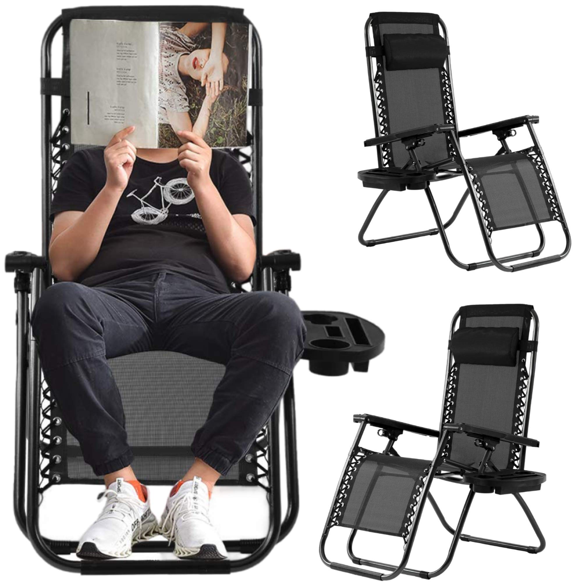 Premium Zero Gravity Recliner Chair - Heavy Duty 250lbs Capacity, Adjustable Anti-Gravity Locking Chaise with Ergonomic Mesh Back, Wide Armrests, Headrest & Cup Holder - Perfect for Patio, Poolside, Camping & Backyard Relaxation (Set of 2, Black)