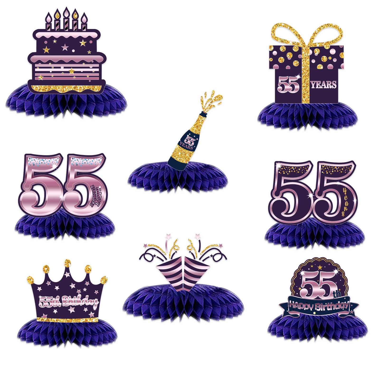 55th Birthday Honeycomb Centerpieces - Purple & Gold Table Toppers for 55 Years Celebration | Party Decorations for Women & Men | Perfect for Anniversary & Milestone Birthday Parties | Cheers to 55 Years Table Decor